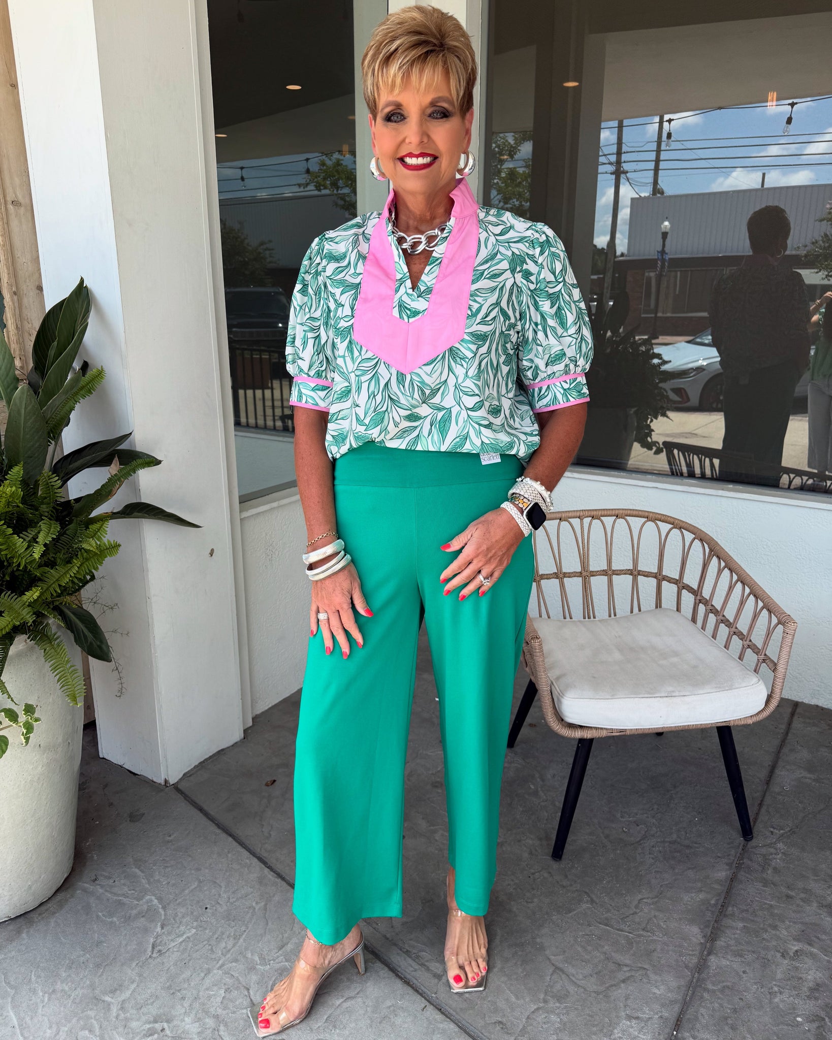 Green Leaf Top W/ Pink Trim