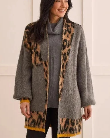 Tribal Leopard Print Sweater Cardigan - Charcoal