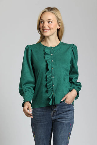 APNY | Puff Sleeve Vegan Leather Top w/ Ruffle Placket - Emerald