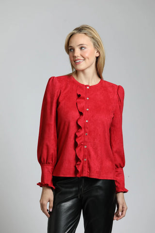 APNY | Puff Sleeve Vegan Leather Top w/ Ruffle Placket - Red
