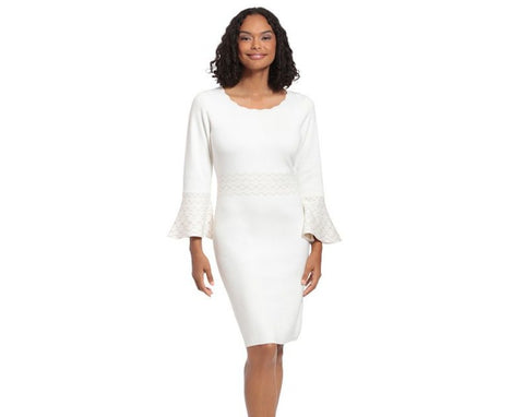 London Times Bell Sleeve Contrast Stitch Dress - Ivory