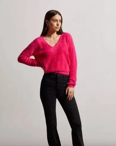 Tribal Fuzzy V-Neck Sweater - Fuchsia Pink