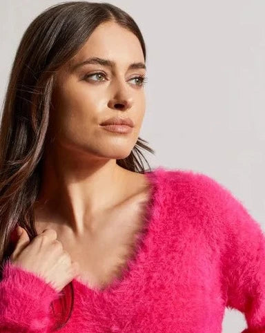 Tribal Fuzzy V-Neck Sweater - Fuchsia Pink