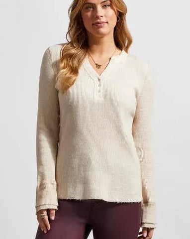 Tribal V-Neck Henley Top - Bone