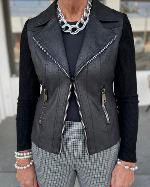 CHARLIE B | Vintage Faux Leather & Rib Knit Combo Perfect Jacket - Black