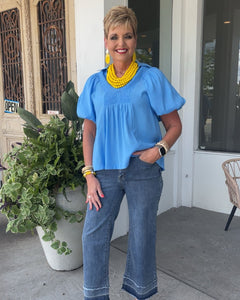 BUBBLE SLEEVE TOP WITH FRONT SMOCKING - BLUE