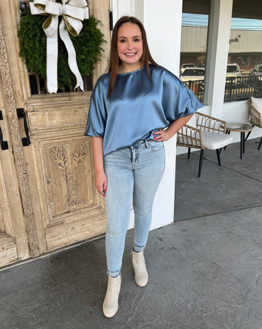 Boho Chic Satin Blouse - Blue