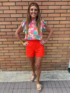 THML MOCK NECK FLUTTER FLORAL TOP - MULTI