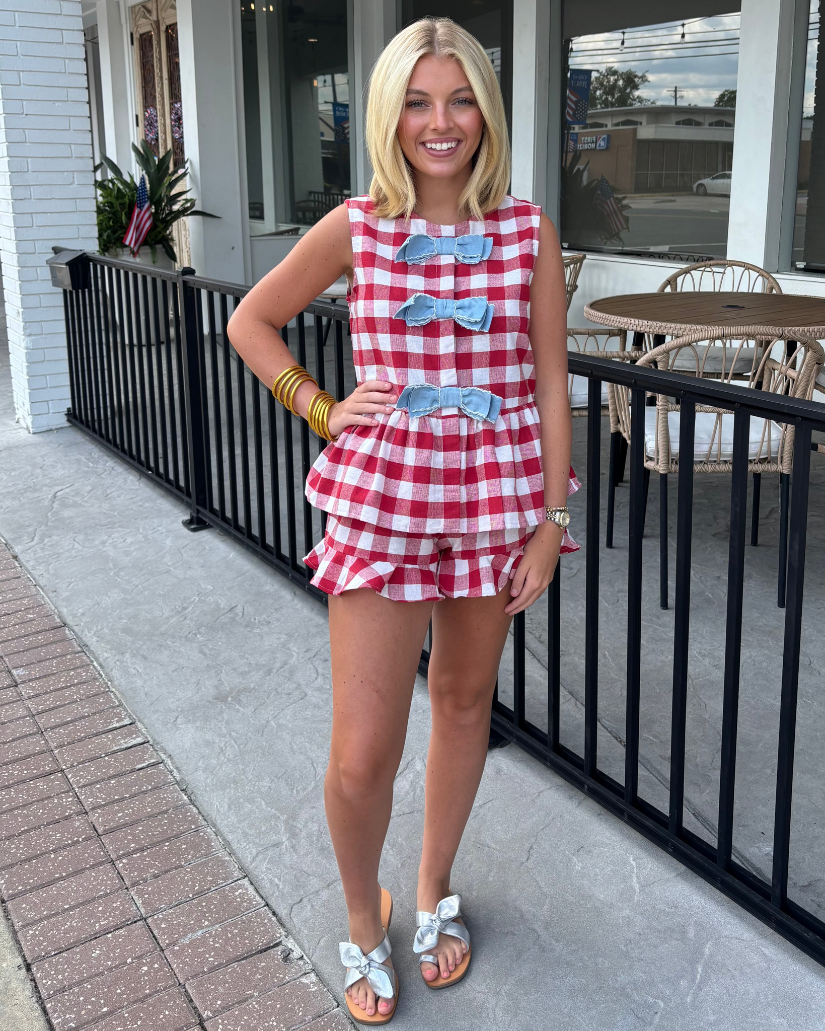 BRIANNA CANNON- Gingham Picnic Peplum Top W/ Bows