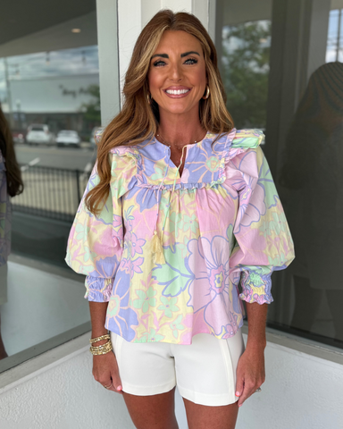KARLIE FLORAL POPLIN VNECK - PINK