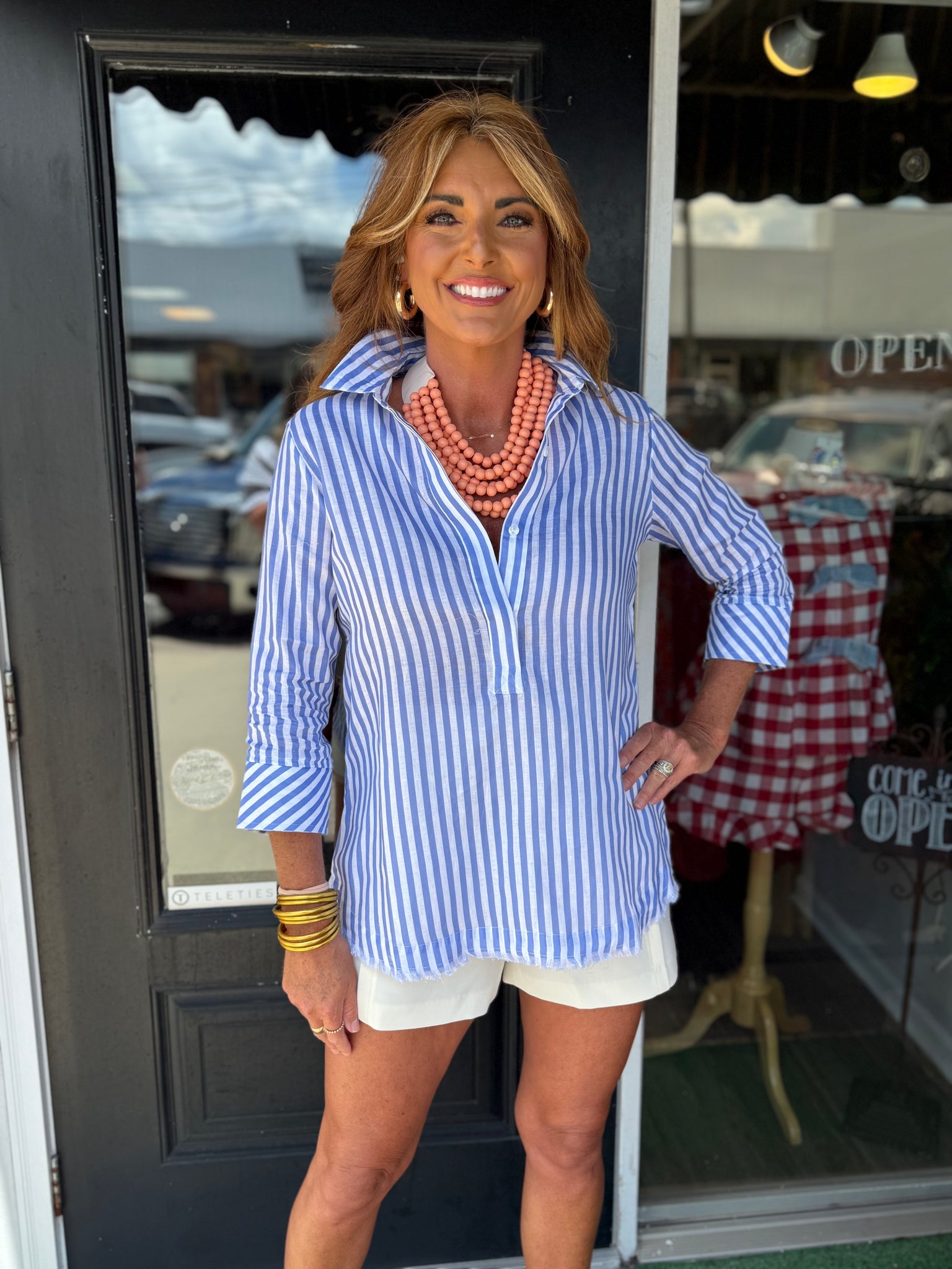 BOHO CHIC DENIM STRIPE TOP - BLUE/WHITE