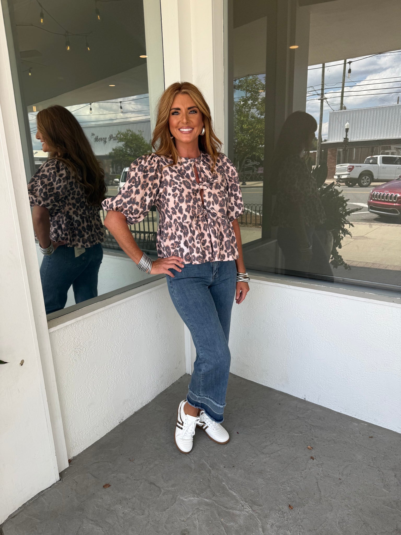 KARLIE DENIM KNOT TIE TOP - LEOPARD