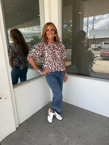 KARLIE DENIM KNOT TIE TOP - LEOPARD