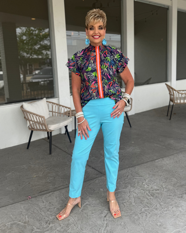 THML-Navy floral Flutter Sleeve Top