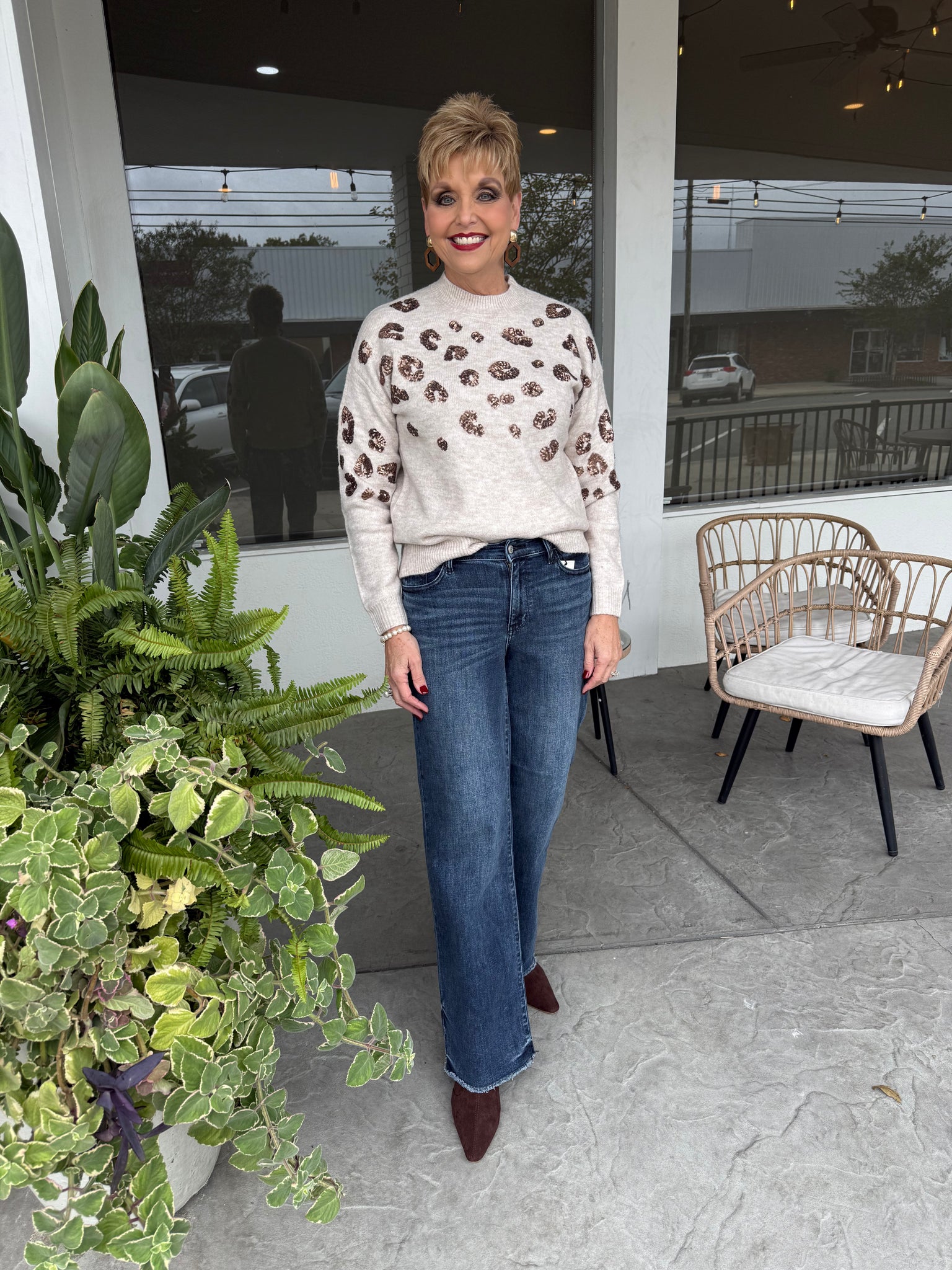 Charlie B- Oat Sweater W/ Bronze Sequin Cheetah
