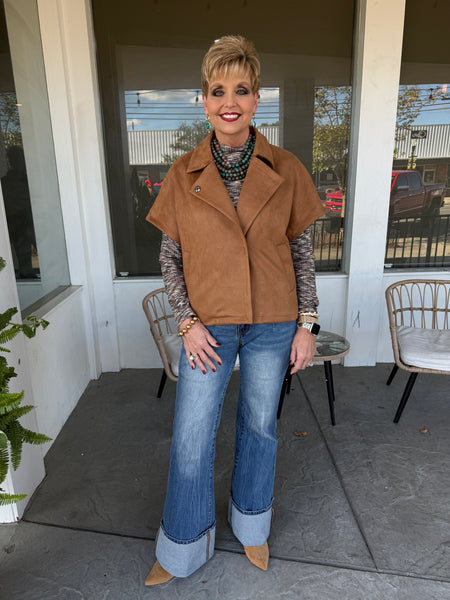 BOHO CHIC SUEDE PONCHO TOP - COGNAC