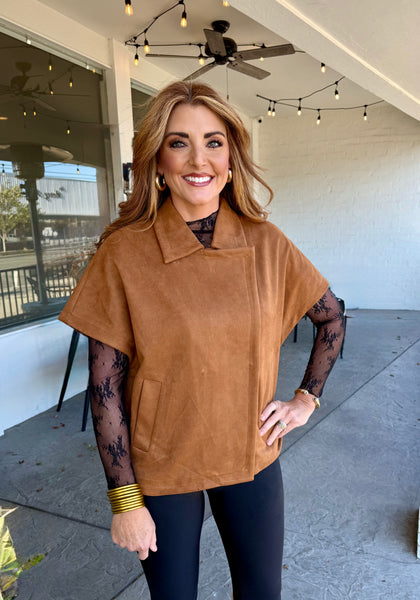 BOHO CHIC SUEDE PONCHO TOP - COGNAC