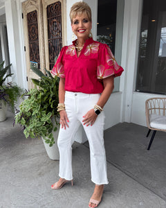 THML Cranberry Puff Sleeve Top W/ Tan and Ivory Embordered Flowers