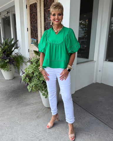 UMGEE-Puff Sleeve Top W/ Black and White Pipe Trim