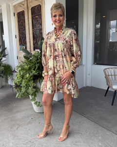ABSTRACT PUFF SLEEVE MINI DRESS - BROWN MIX