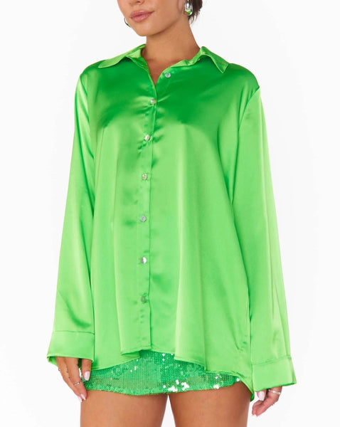 MuMu Smith Button Down Luxe Satin Blouse - Bright Green