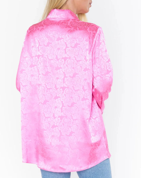 MuMu Smith Button Down Rose Satin Blouse - Bright Pink