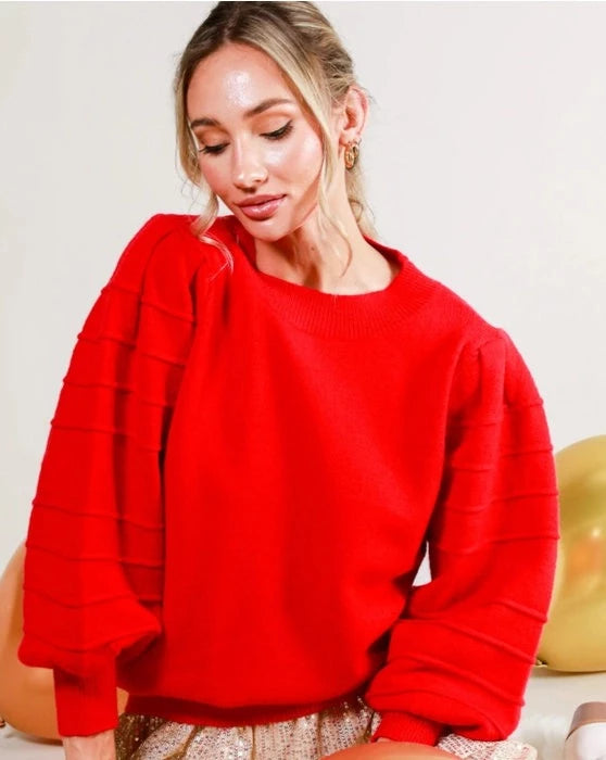 Textured Puff Sleeve Sweater - Red