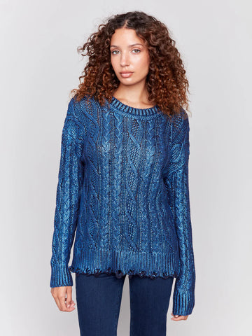 CHARLIE B | Metallic Cable Knit Sweater - Blue