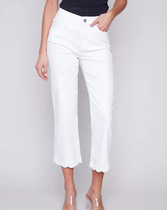 CHARLIE B Straight Leg Twill Jeans w/ Scallop Hem - White