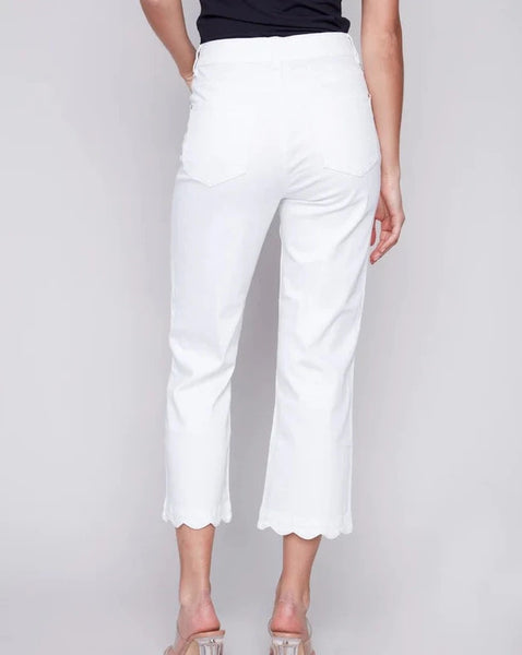 CHARLIE B Straight Leg Twill Jeans w/ Scallop Hem - White