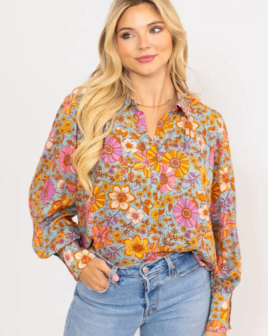 Karlie Floral Vintage Ruffle Collar Top - Turquoise