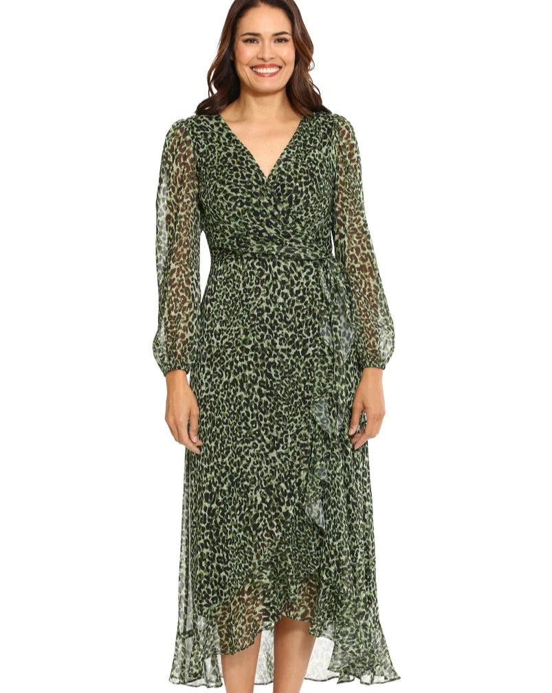 London Times Long Sleeve Thora Maxi Dress - Sage/Green