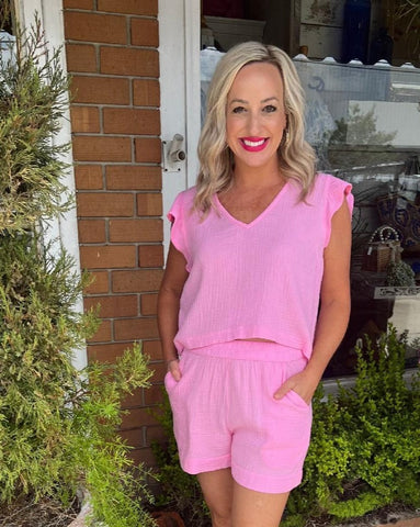 Karlie Gauze V-Neck Ruffle Top - Pink