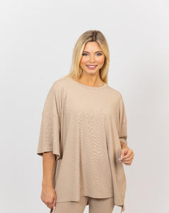 Karlie Solid Ribbed Crew Knit Tunic Top - Tan