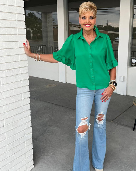 Solid Flowy Button-Up Blouse - Green