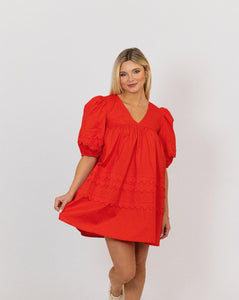 Karlie Poplin VNeck Scallop Puff Sleeve Dress - Red