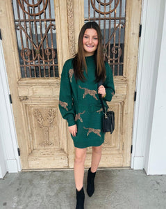 Wild About You Sweater Dress - Green Cheetah