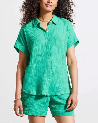 TRIBAL Cotton Gauze Button-Up Shirt w/ Short Sleeves - Jade Mist