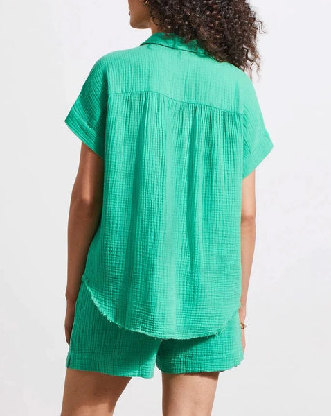 TRIBAL Cotton Gauze Button-Up Shirt w/ Short Sleeves - Jade Mist