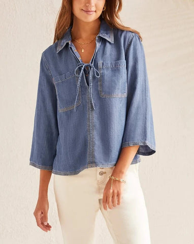 TRIBAL Elbow Sleeve Blouse w/ Lace Up Detail - Dark Chambray